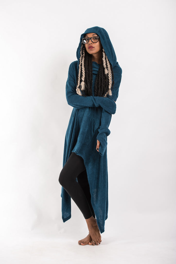 Ultra Long Hooded Sweater in Blue Sure Design Wholesale