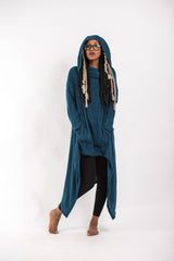 Ultra Long Hooded Sweater in Blue