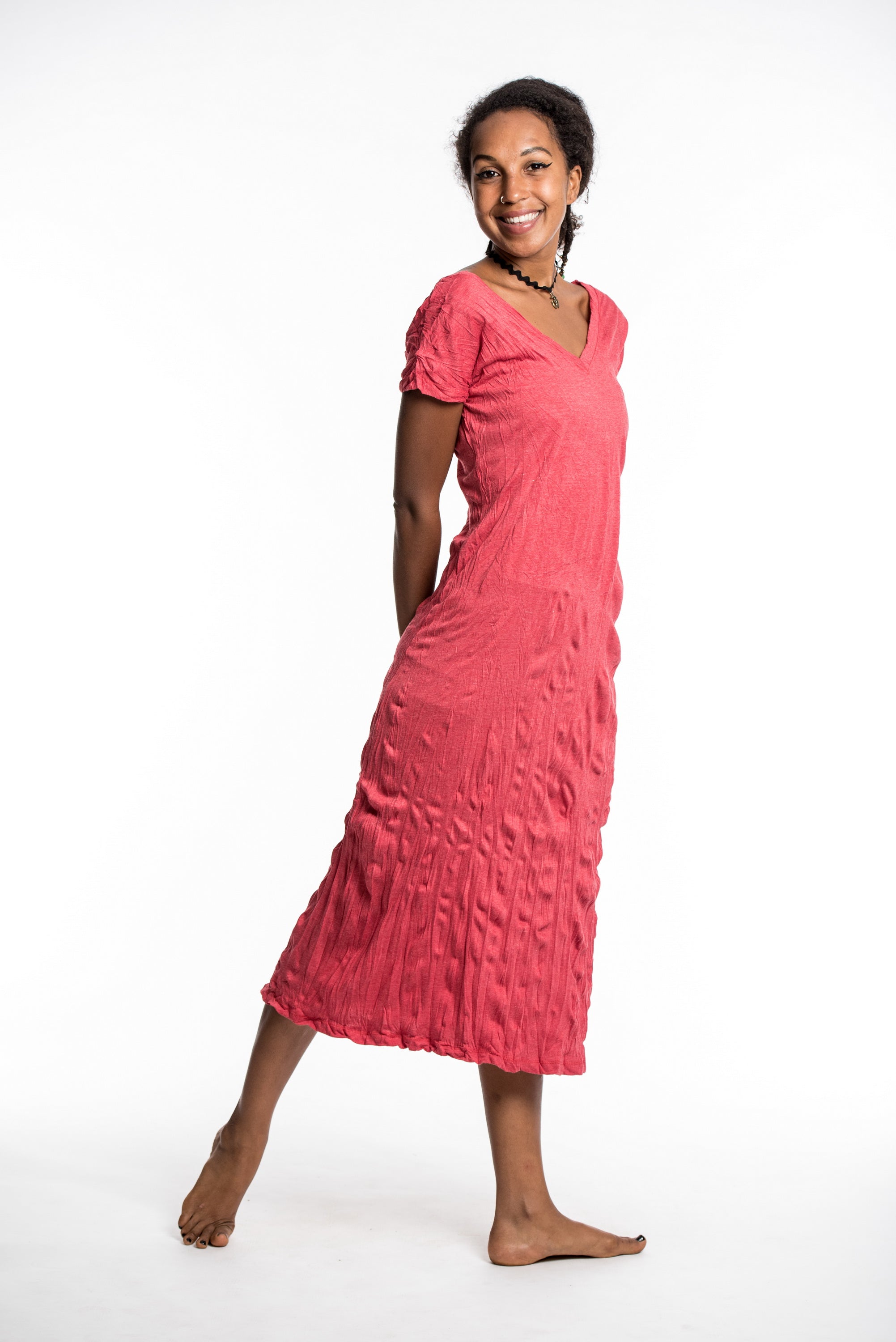 Sure Design Womens Solid V Neck Tee Dress Red