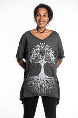 Sure Design Women's Tree of Life Loose V Neck T-Shirt Silver on Black