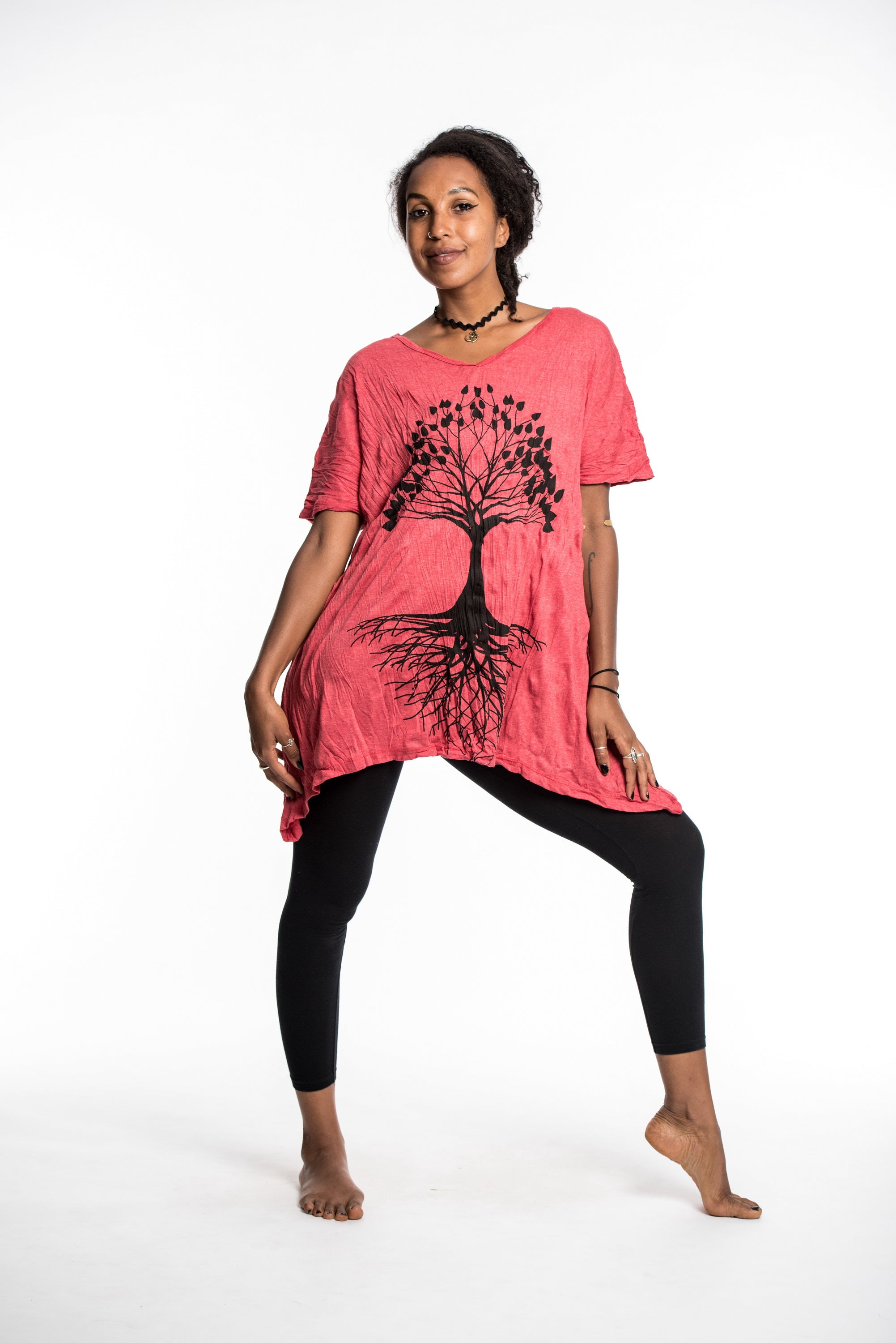 Sure Design Women's Tree of Life Loose V Neck T-Shirt Red