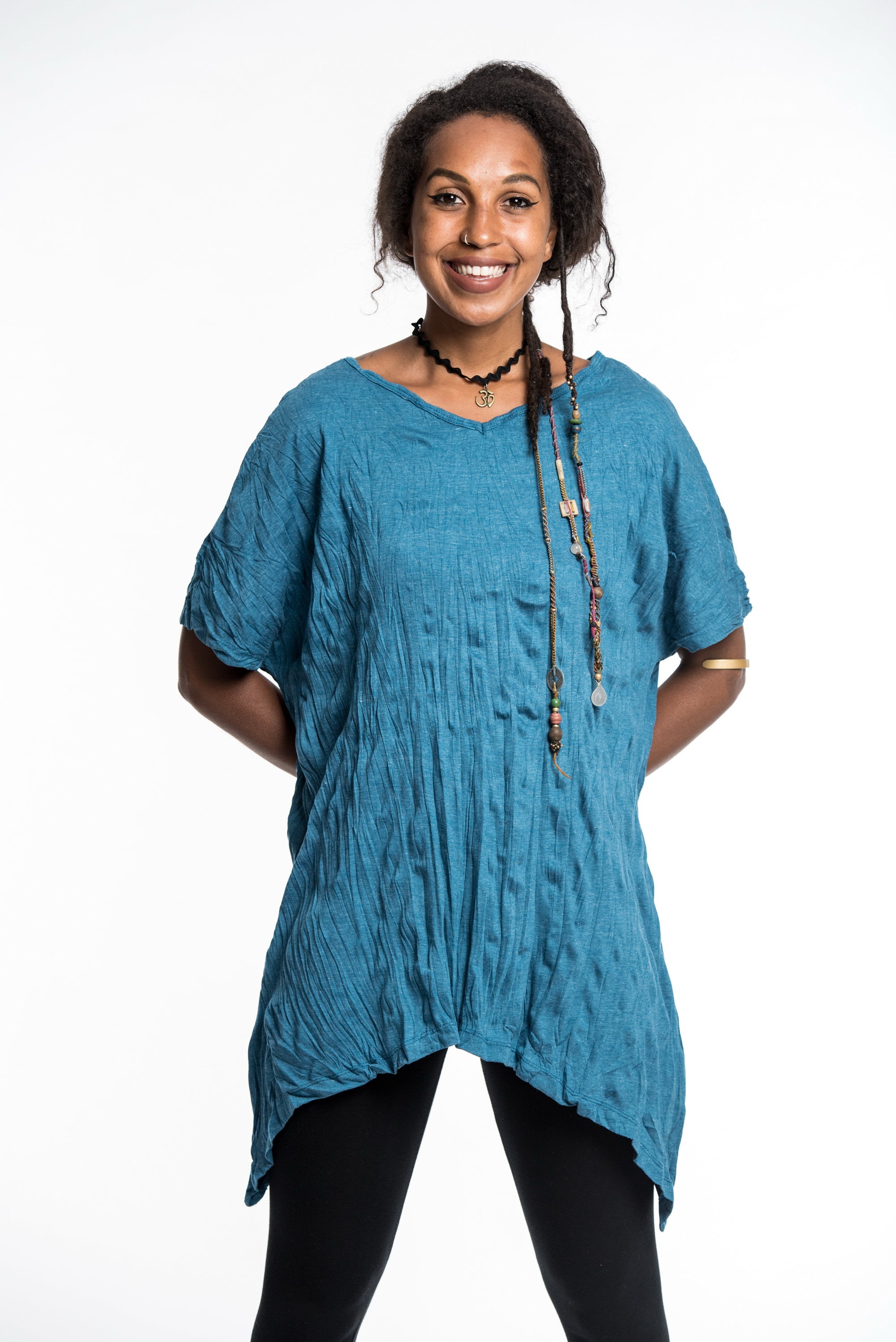 Sure Design Women's Solid Loose V Neck T-Shirt Denim Blue