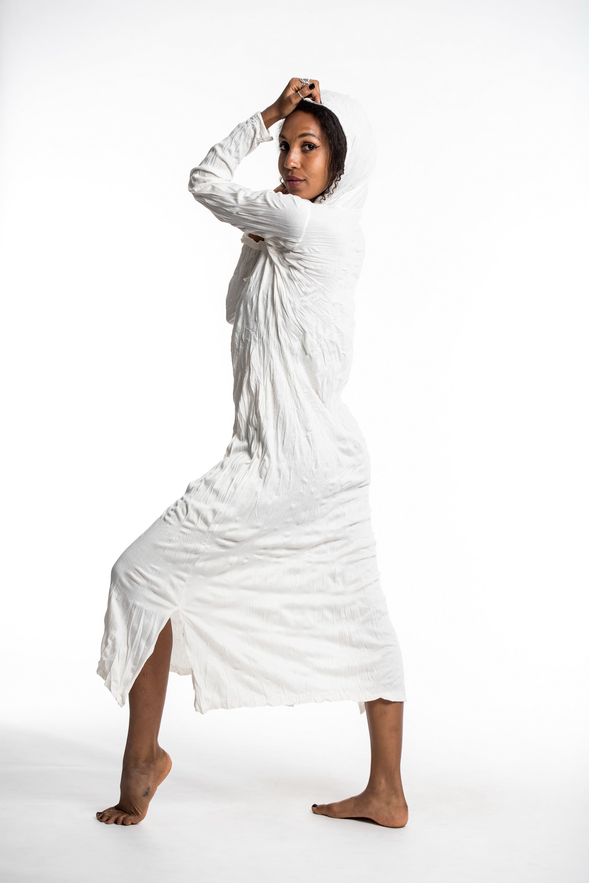 Sure Design Womens Solid Long Sleeve Hoodie Dress White