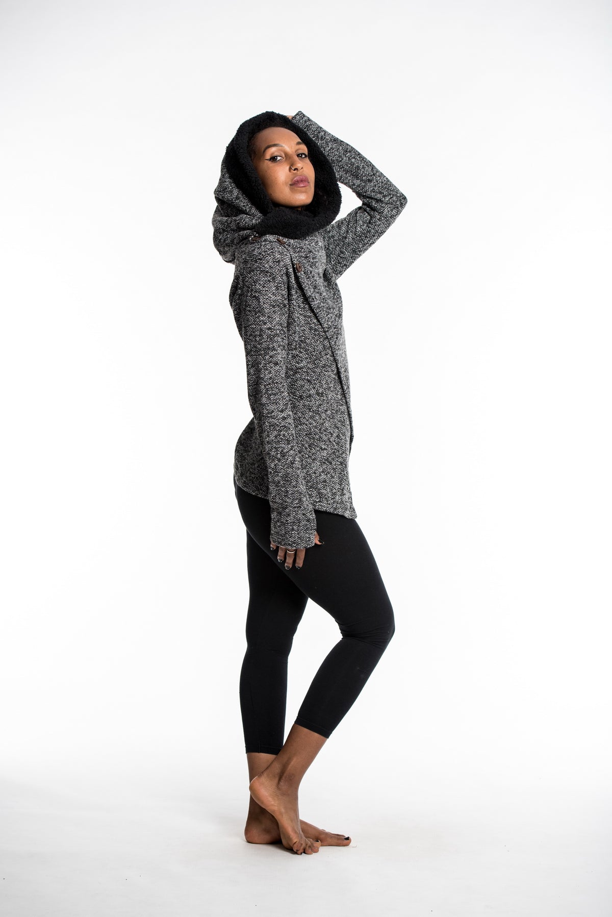 Diagonal Button Hoodie Shawl Combo