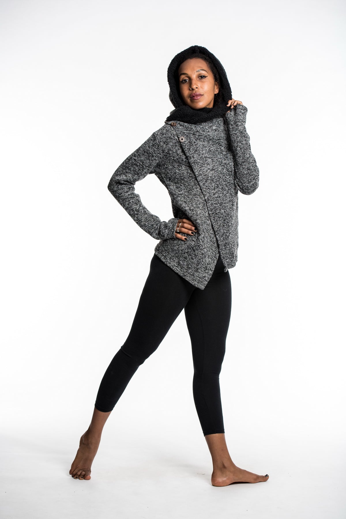 Diagonal Button Hoodie Shawl Combo
