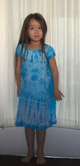 Girls Children's Tie Dye Cotton Dress With Sleeves Beads Blue