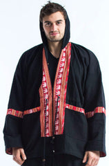 Thai Traditional Unisex Woven Cotton Fabric Hoodies With Delicate Embroidery Black