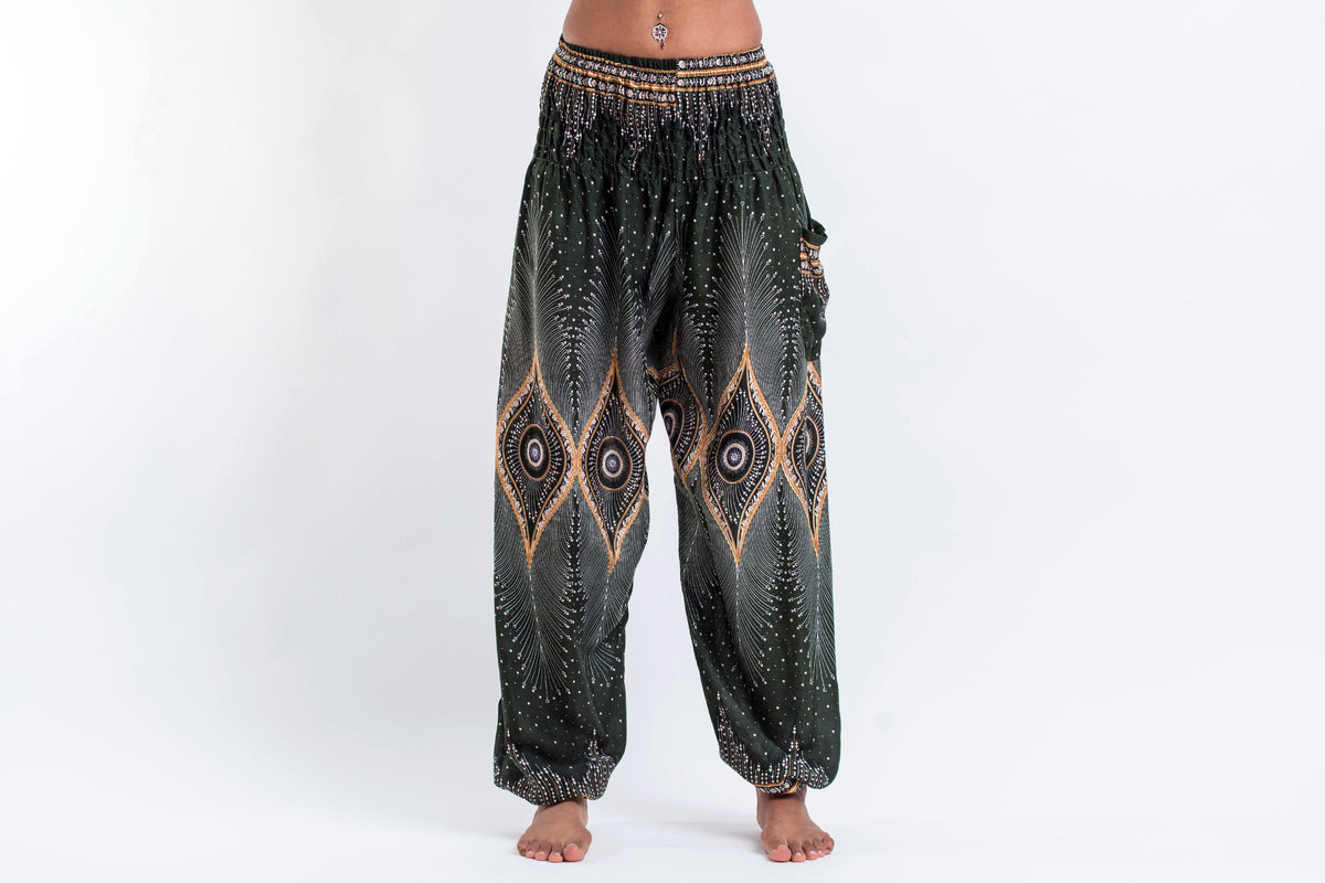 Diamond Peacock Unisex Harem Pants in Green