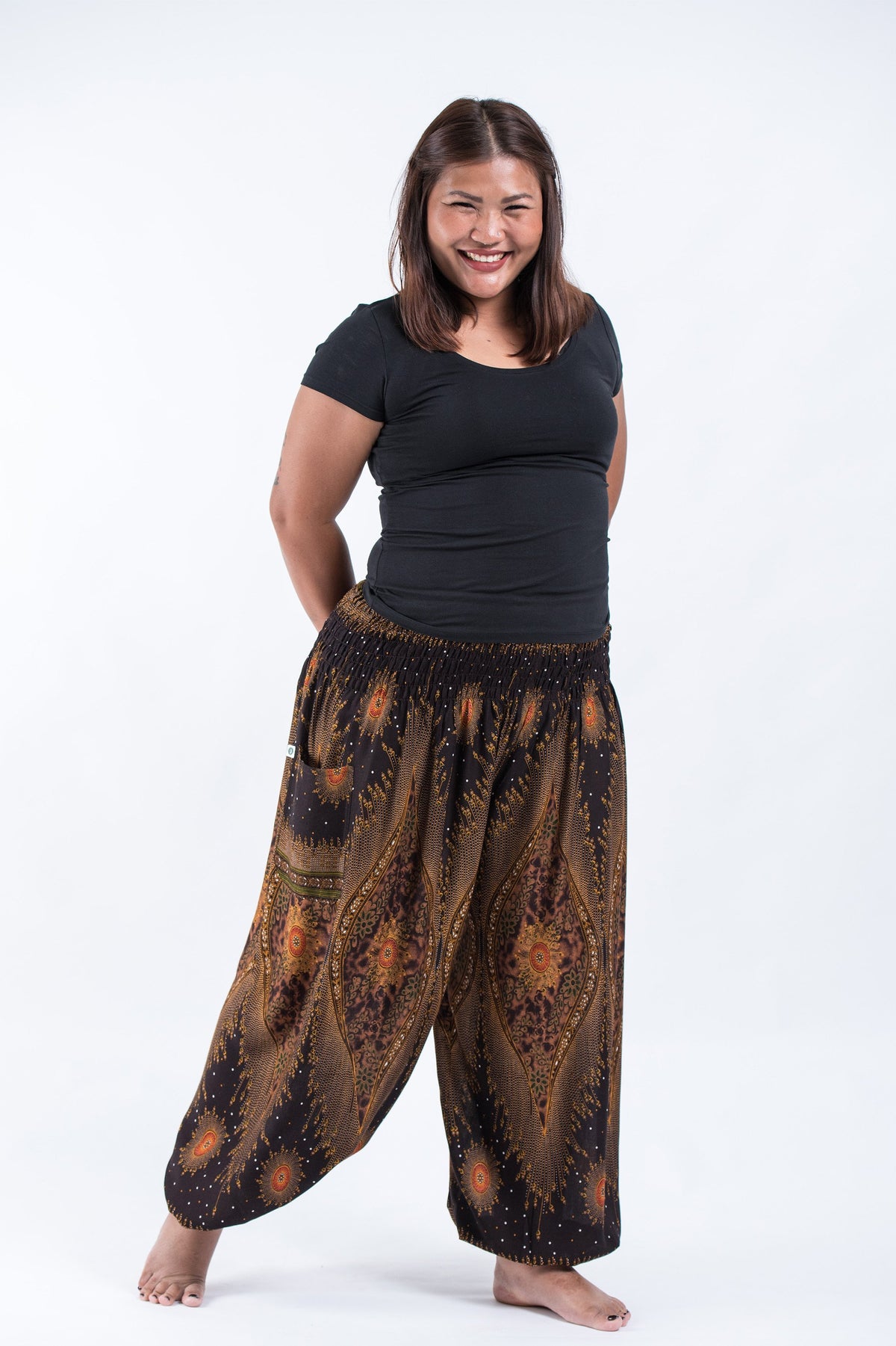 Plus Size Peacock Eye Unisex Harem Pants in Brown