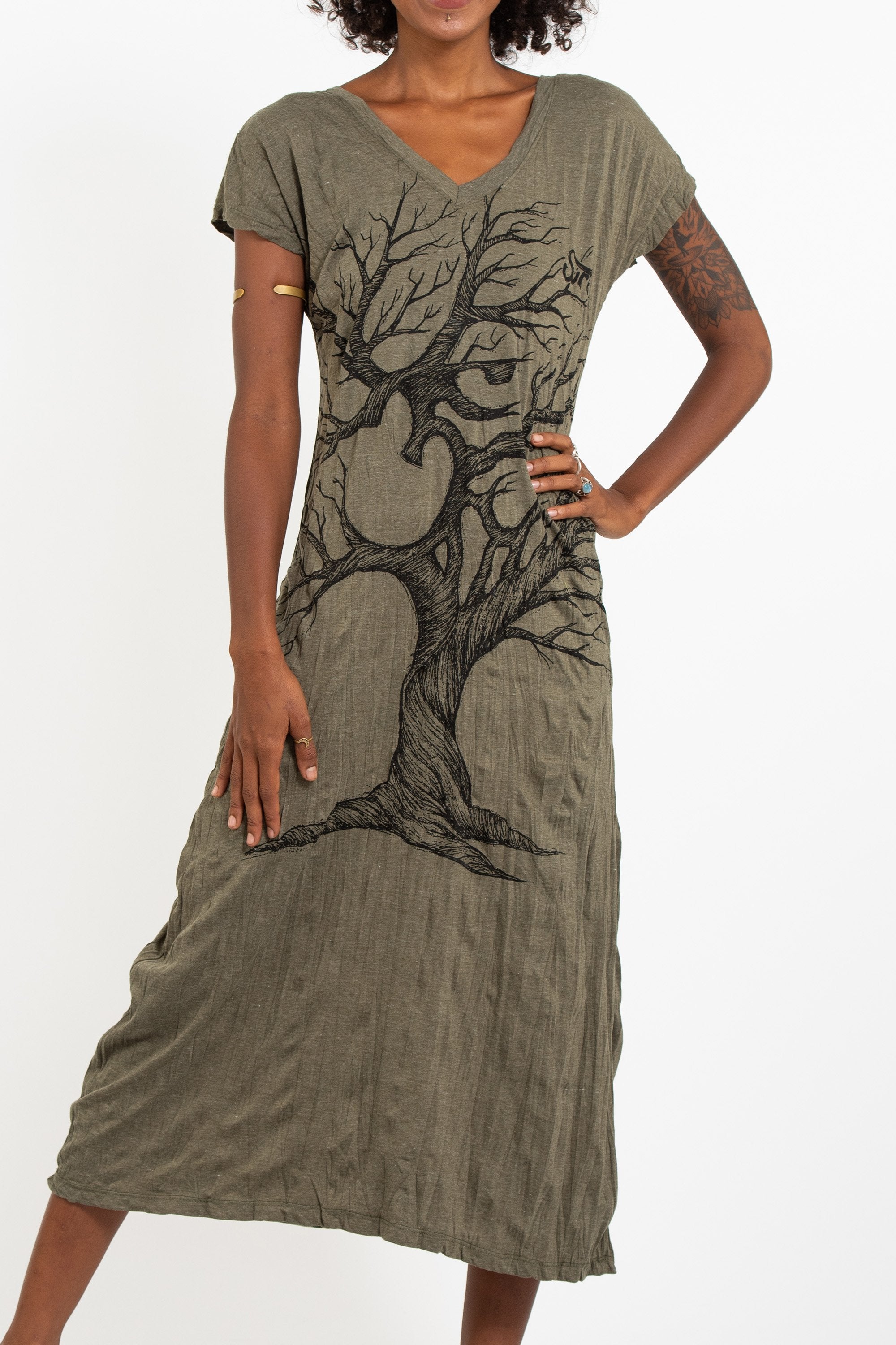 Sure Design Womens Om Tree V Neck Tee Dress Green