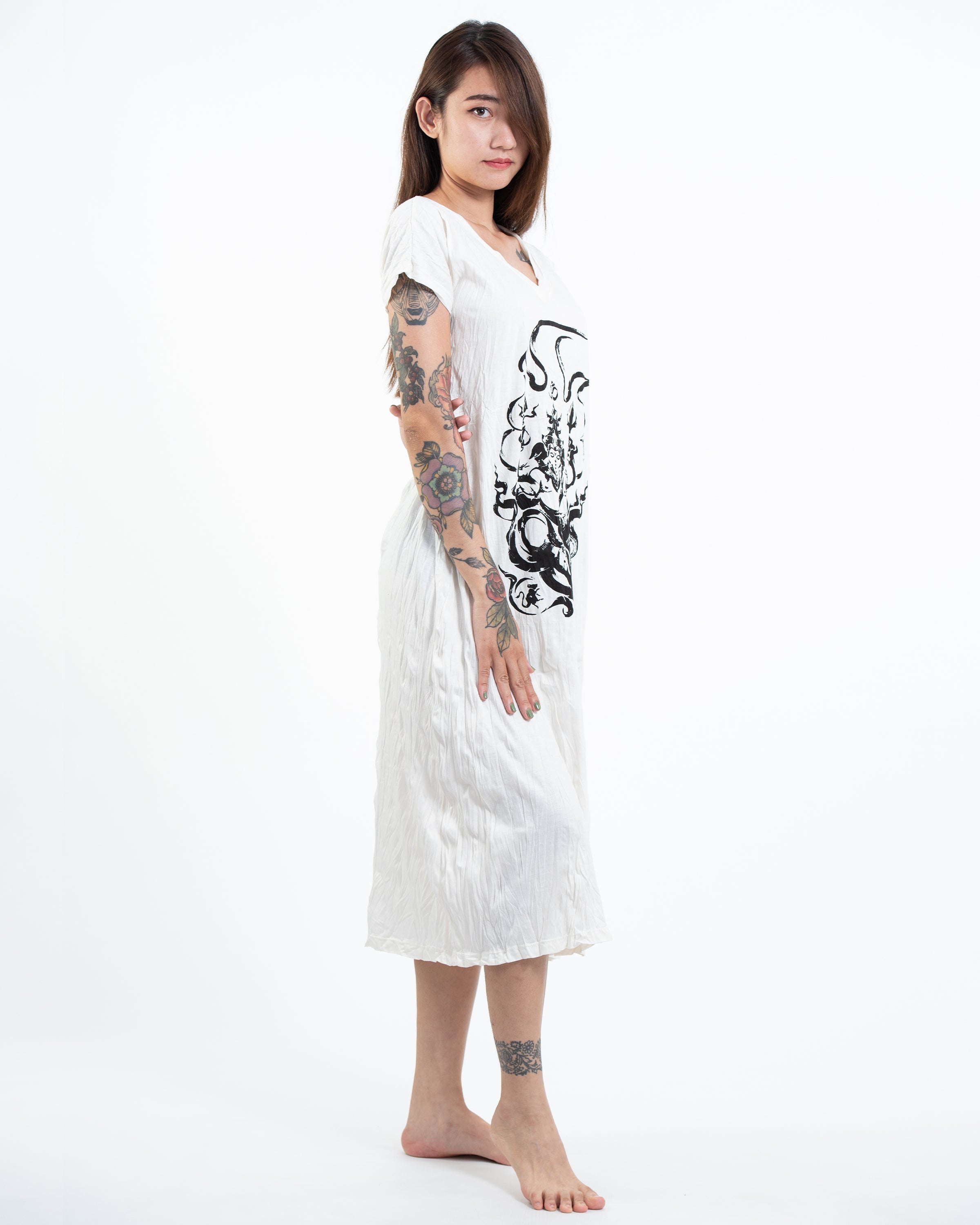 Sure Design Womens Ganesh Chakra V Neck Long Dress in White