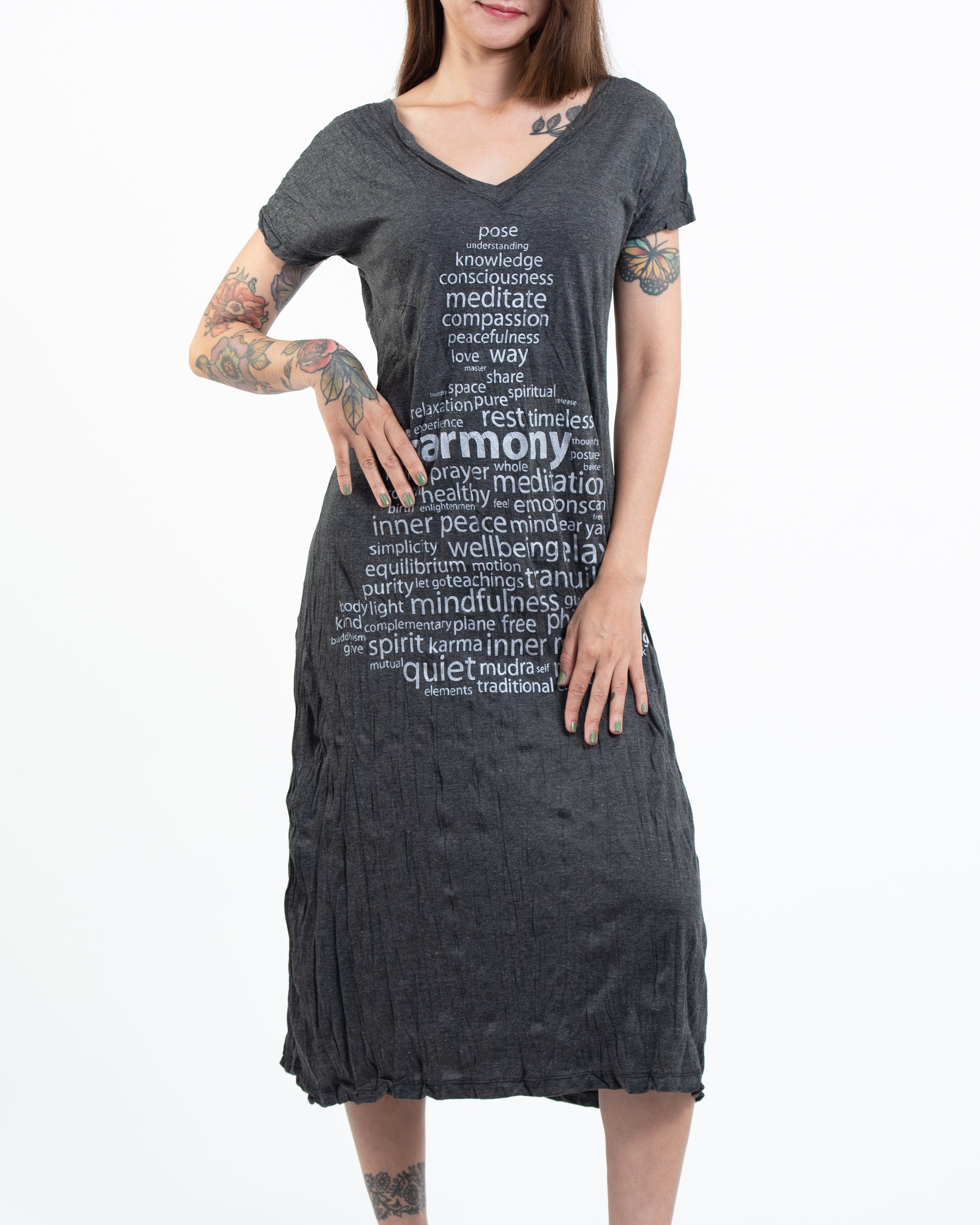 Sure Design Womens Harmony V Neck Long Dress in Silver on Black