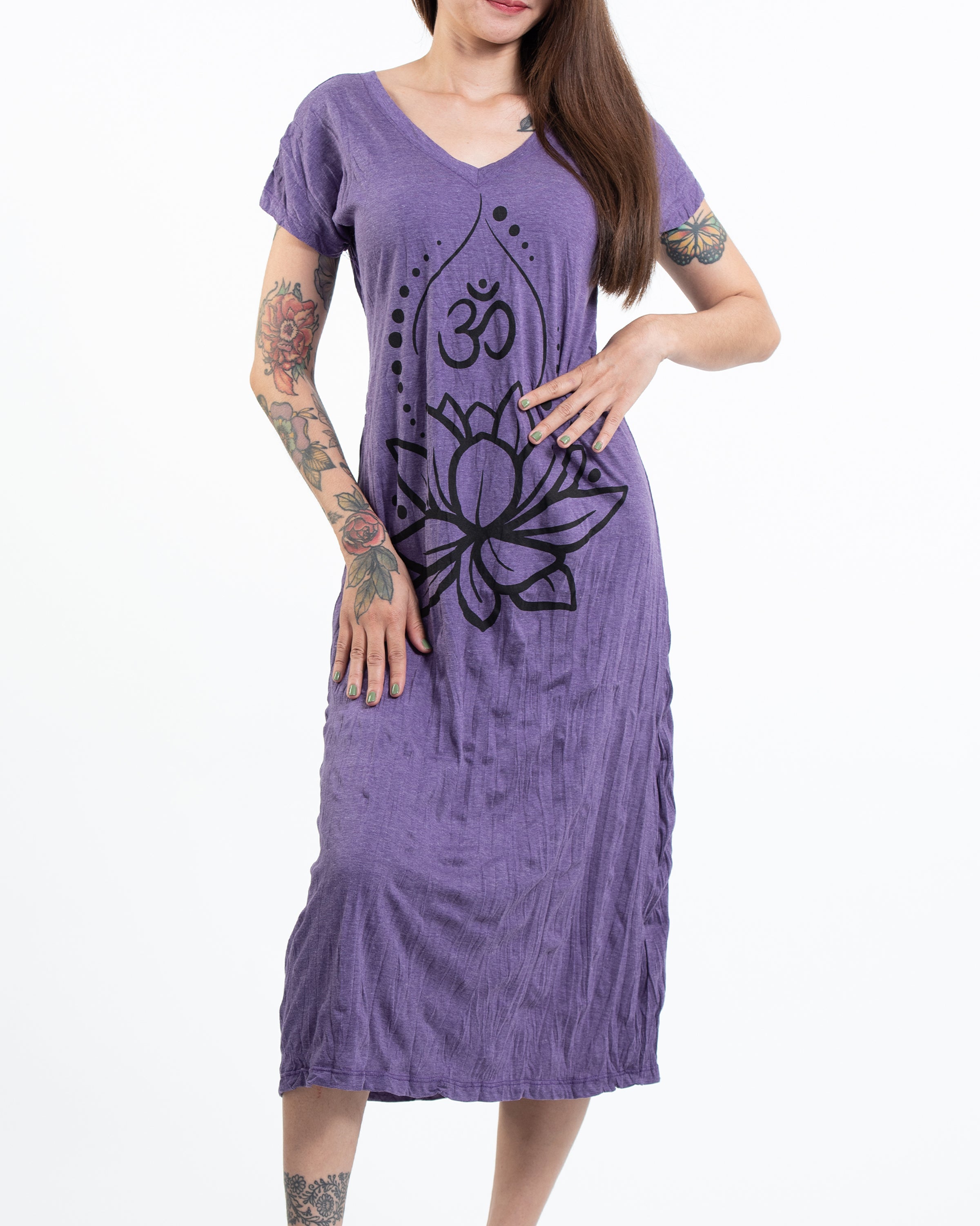Sure Design Womens Lotus Om V Neck Tee Dress Purple