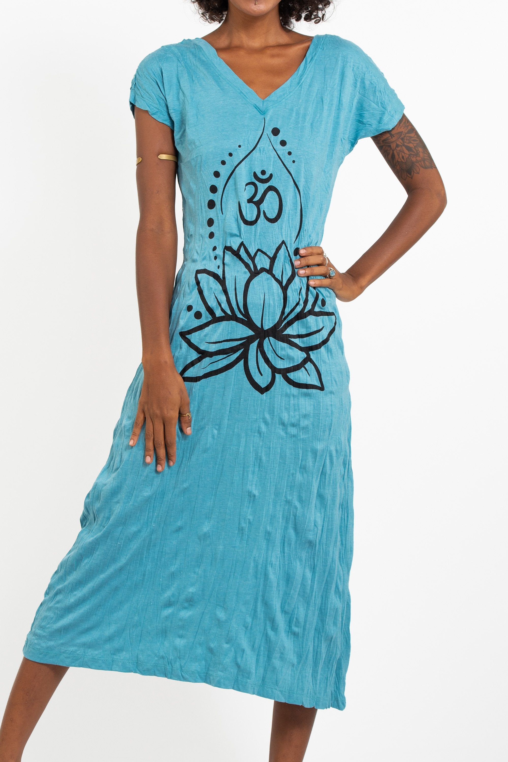 Sure Design Womens Lotus Om V Neck Tee Dress Turquoise