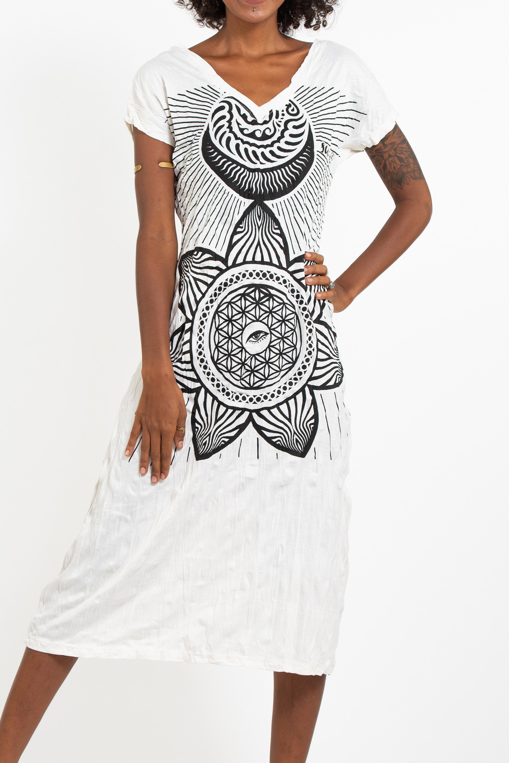 Sure Design Womens Sacred Geometry Mandala V Neck Tee Dress White