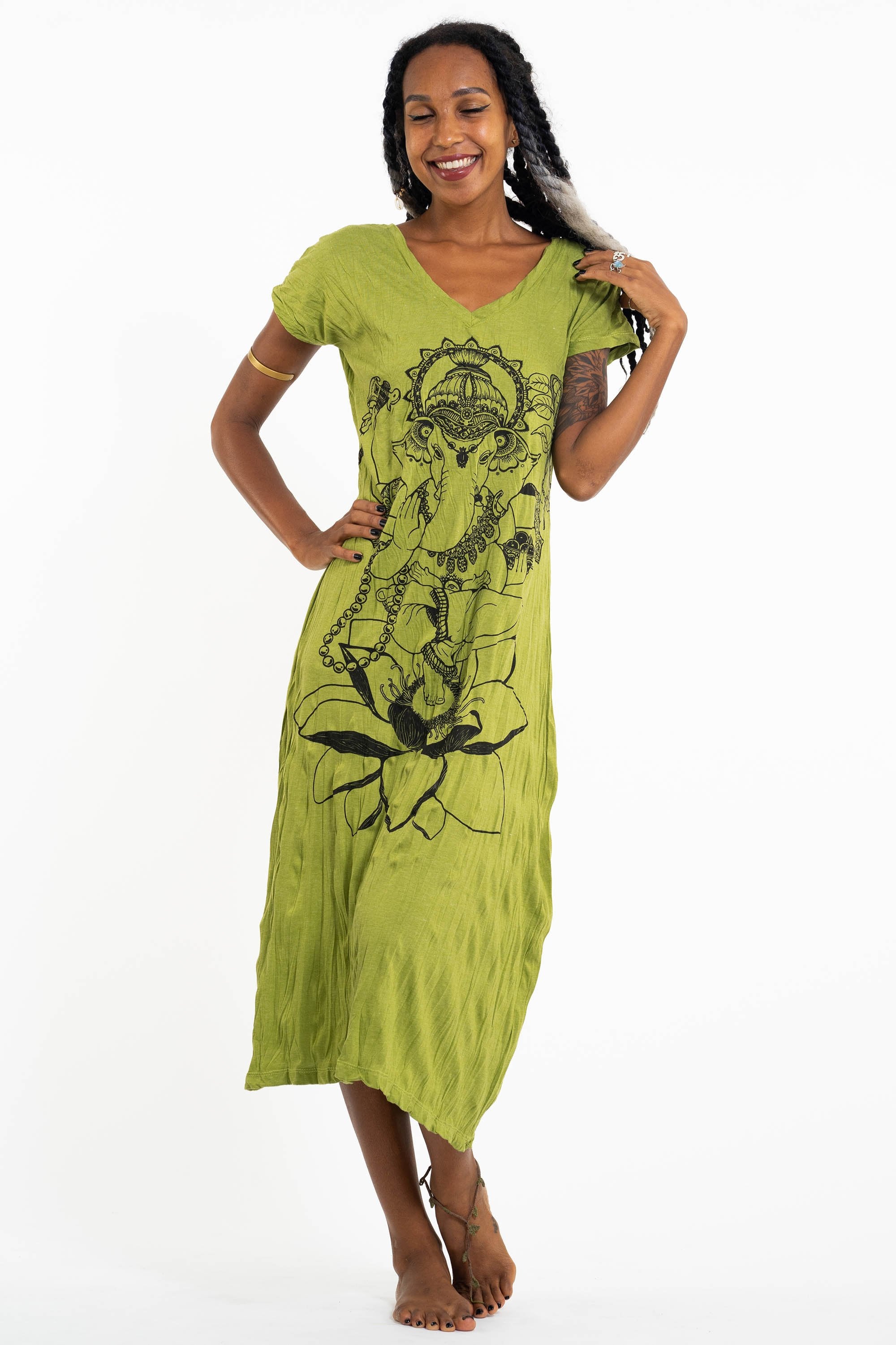 Sure Design Womens Lord Ganesh V Neck Tee Dress Lime