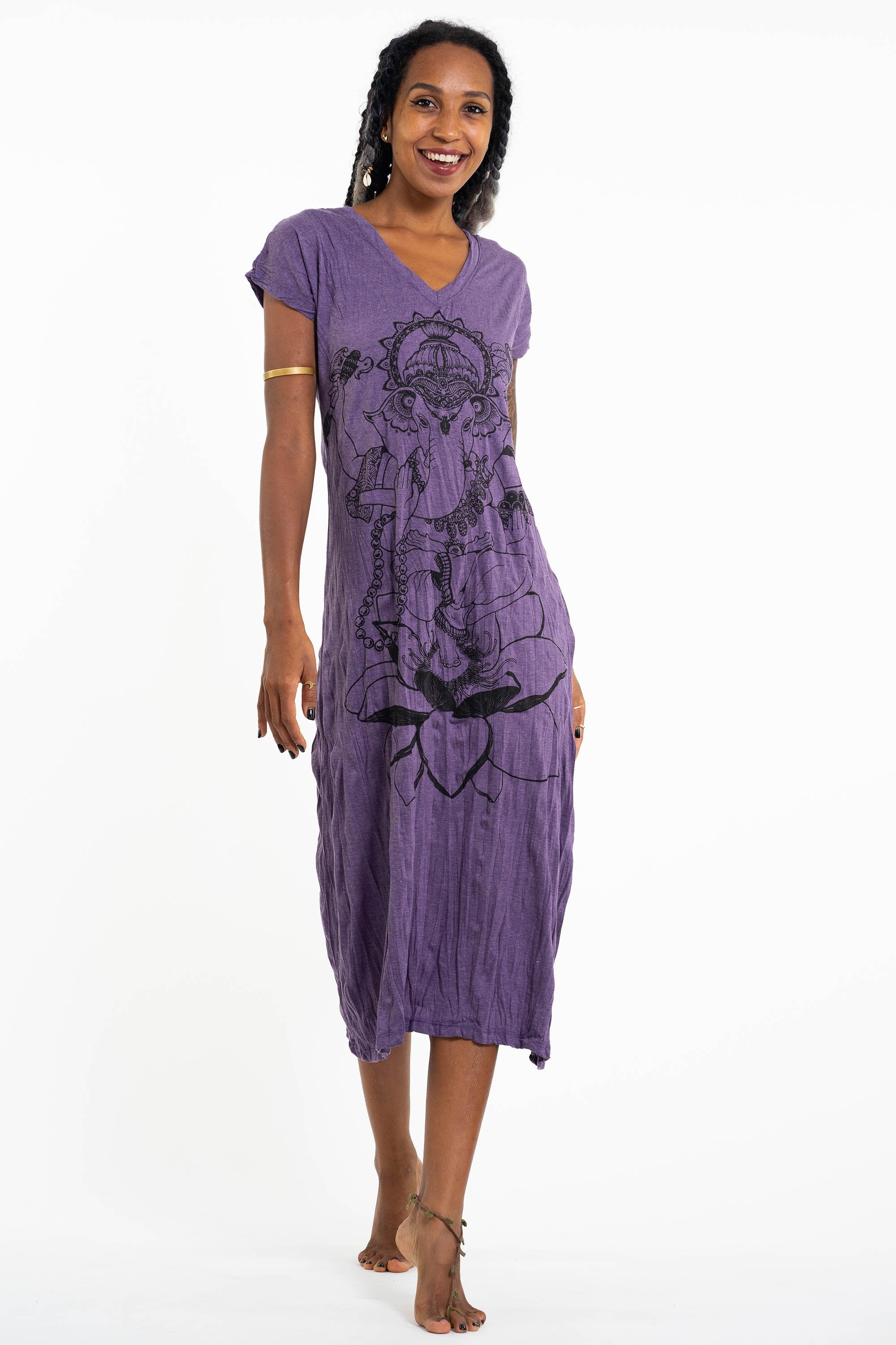 Sure Design Womens Lord Ganesh V Neck Tee Dress Purple