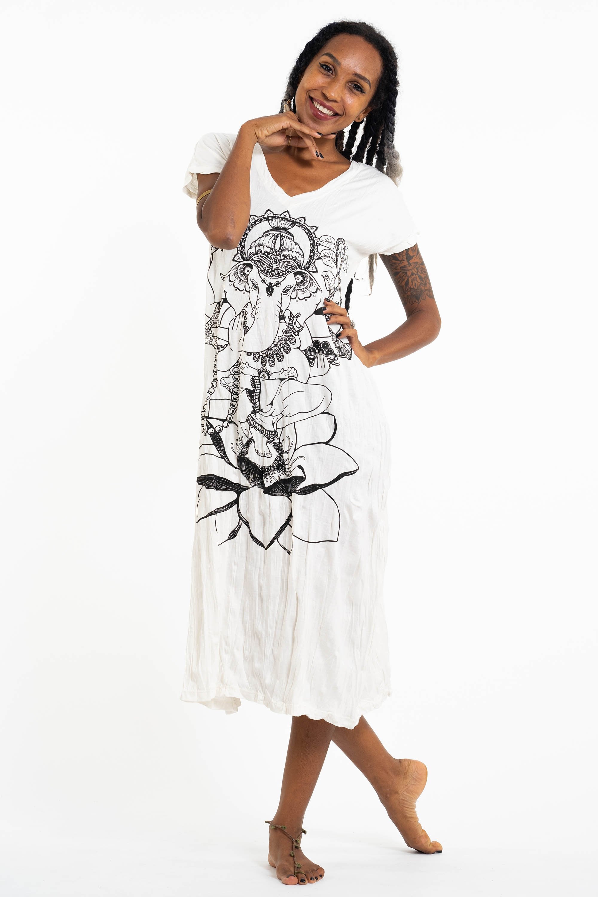 Sure Design Womens Lord Ganesh V Neck Tee Dress White