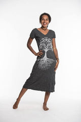 Sure Design Womens Tree Of Life V Neck Tee Dress Silver on Black