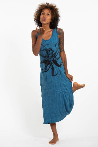 Sure Design Womens Octopus Long Tank Dress in Denim Blue