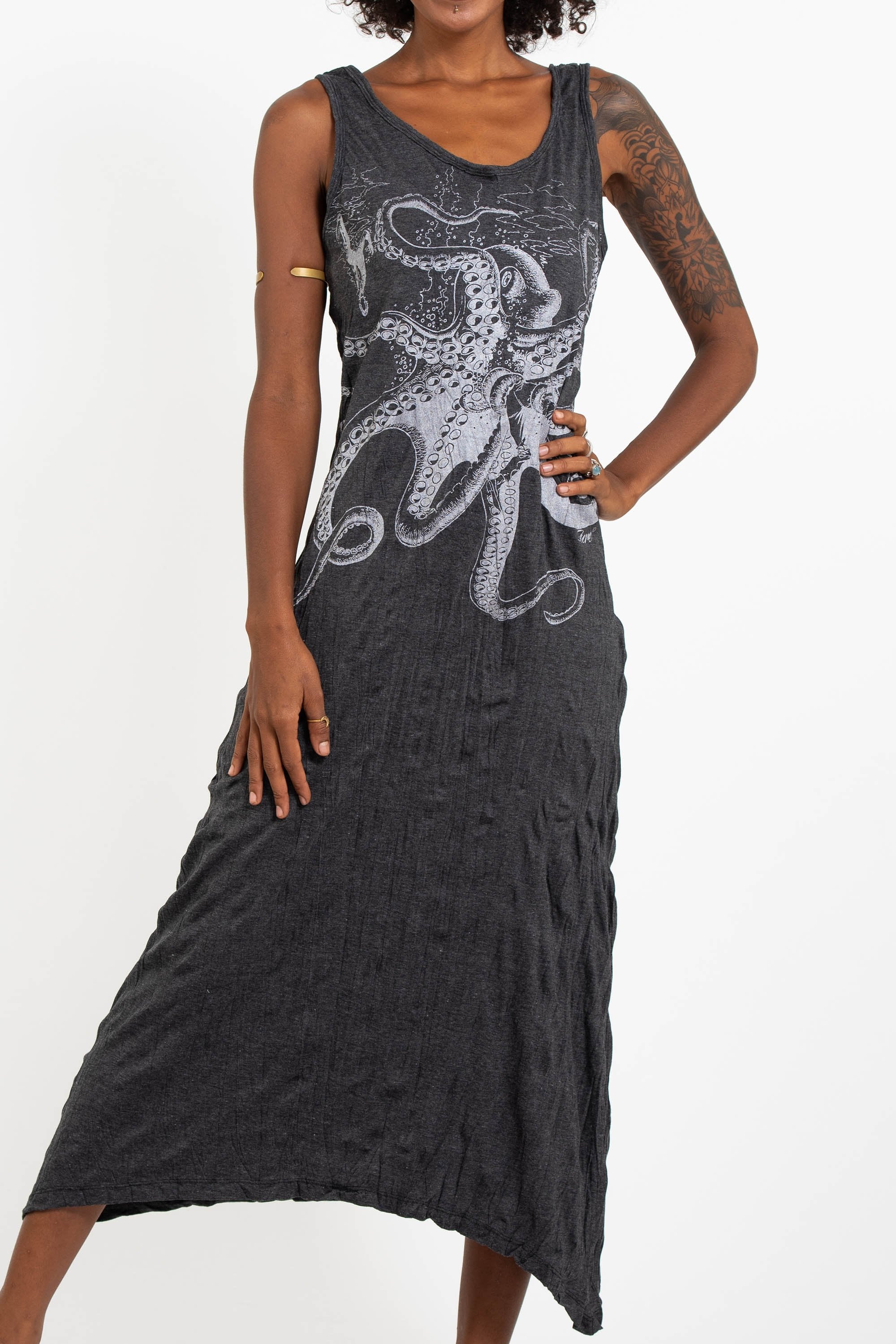 Sure Design Womens Octopus Long Tank Dress in Silver on Black