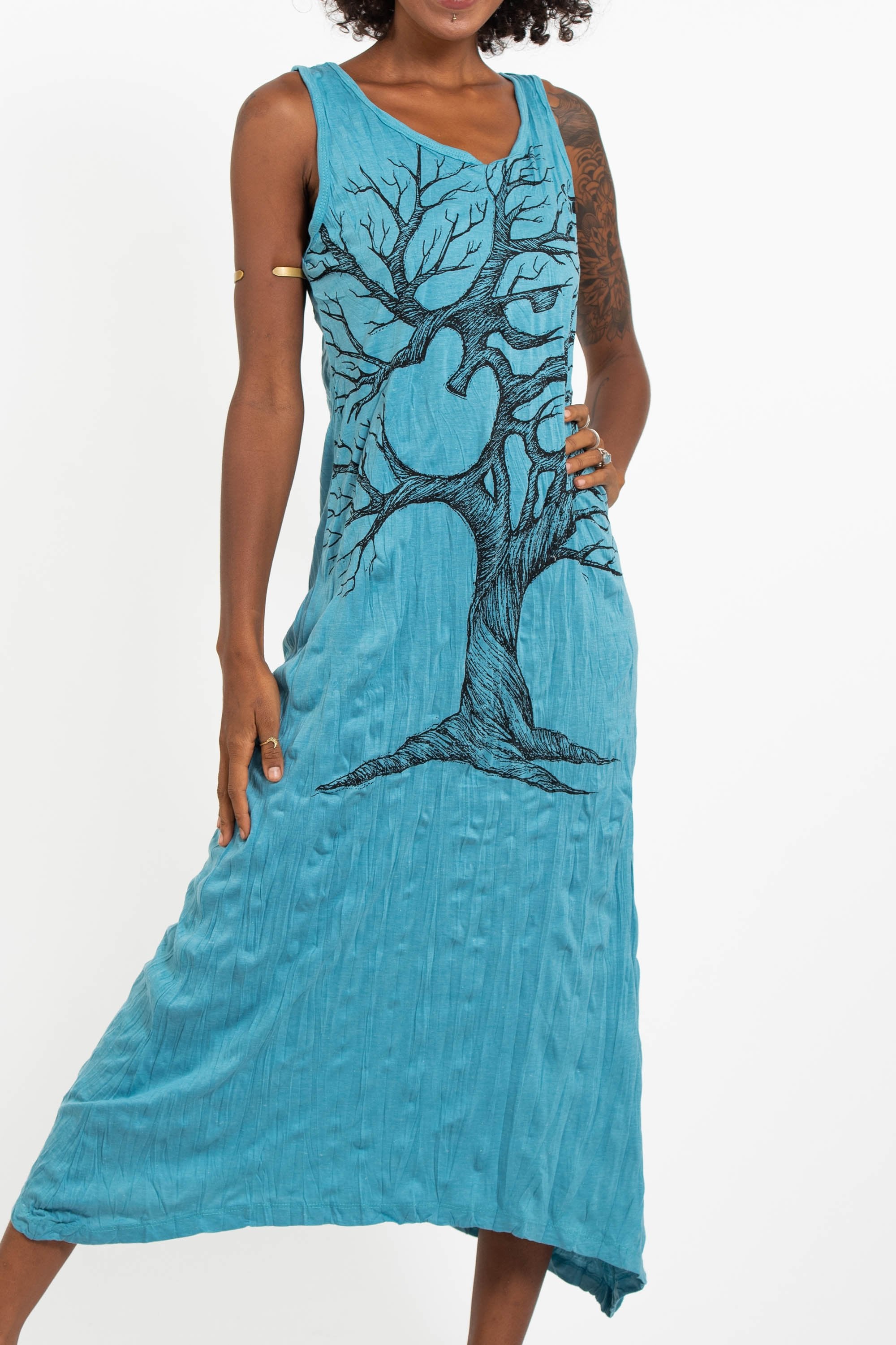 Sure Design Womens Om Tree Long Tank Dress in Turquoise