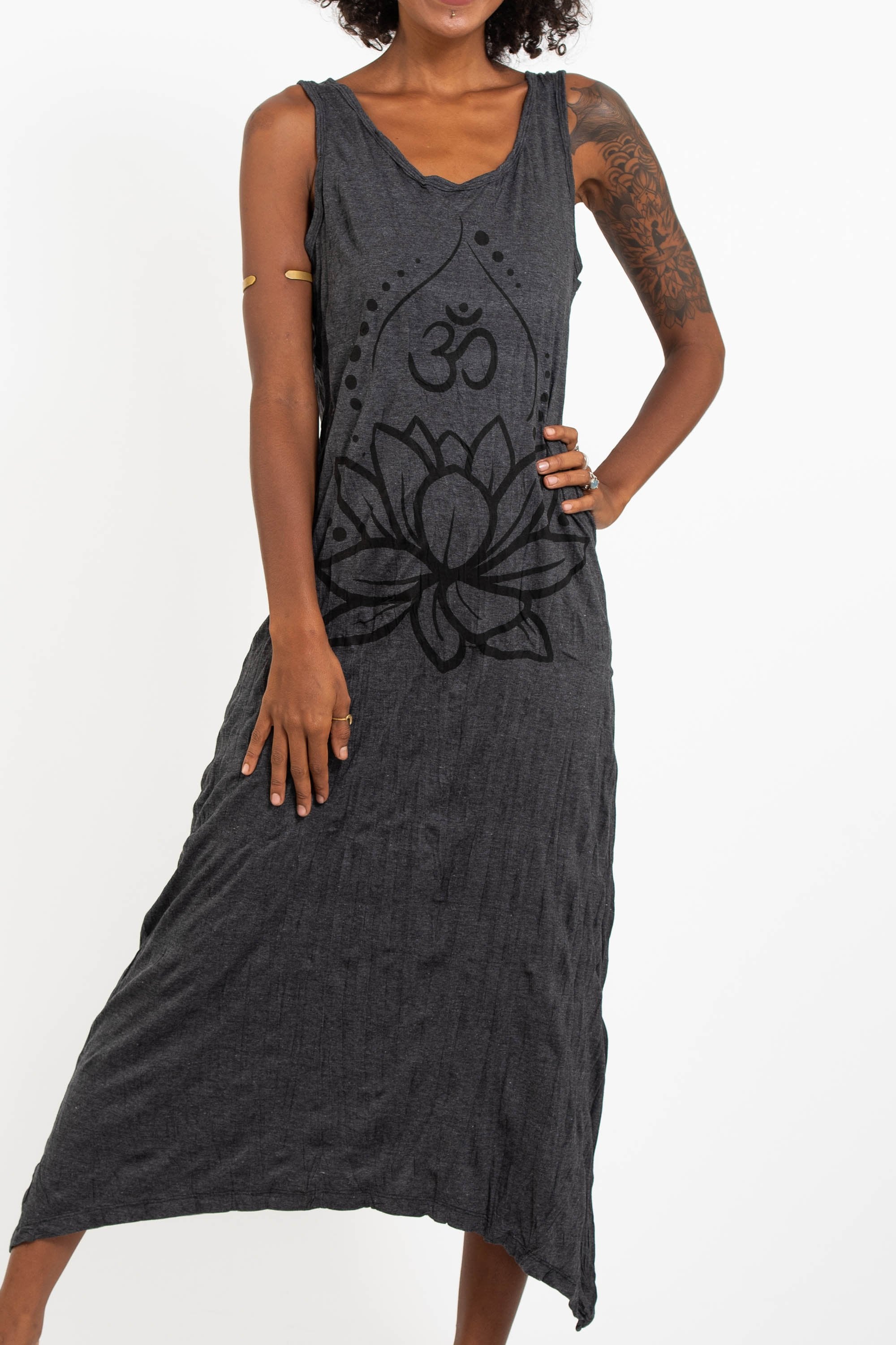 Sure Design Womens Lotus Om Long Tank Dress in Black