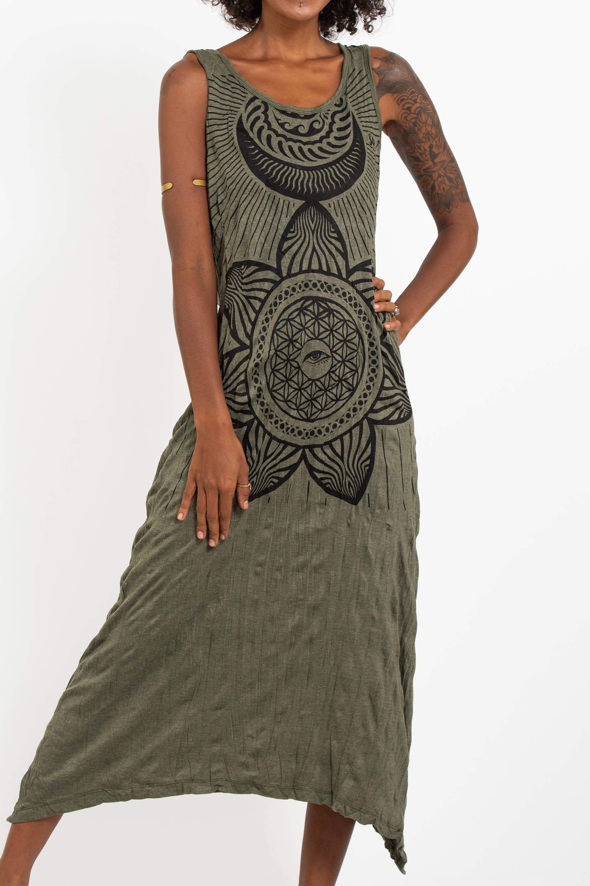 Sure Design Womens Sacred Geometry Mandala Long Tank Dress in Green