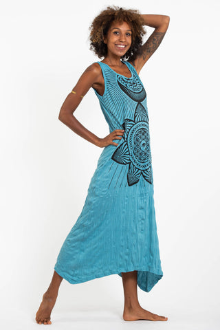 Sure Design Womens Sacred Geometry Mandala Long Tank Dress in Turquoise
