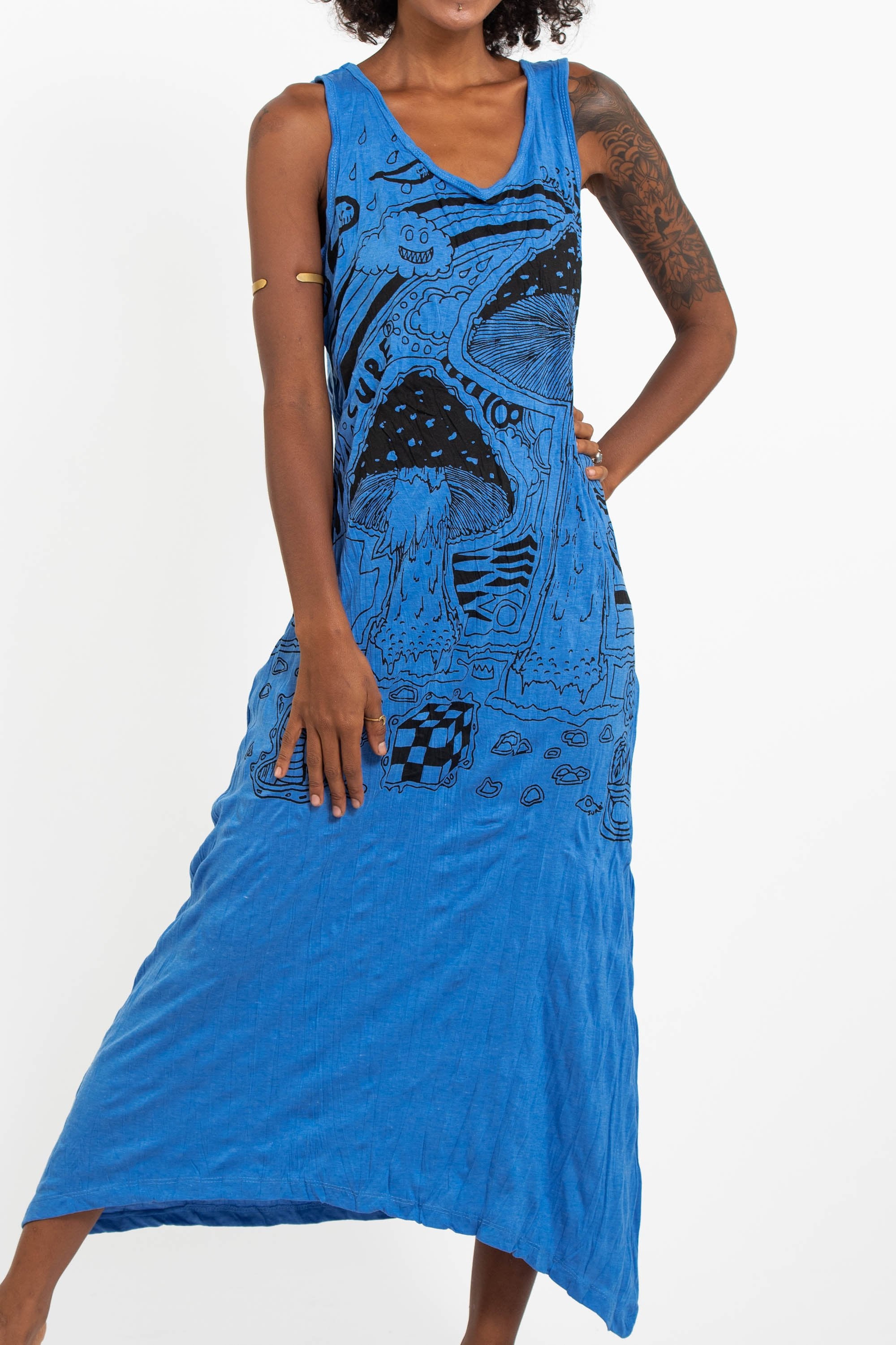 Sure Design Womens Magic Mushroom Long Tank Dress in Blue