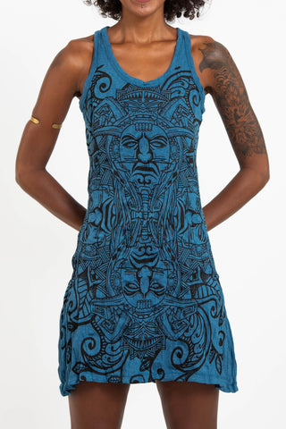 Sure Design Women's Tribal Masks Tank Dress Denim Blue