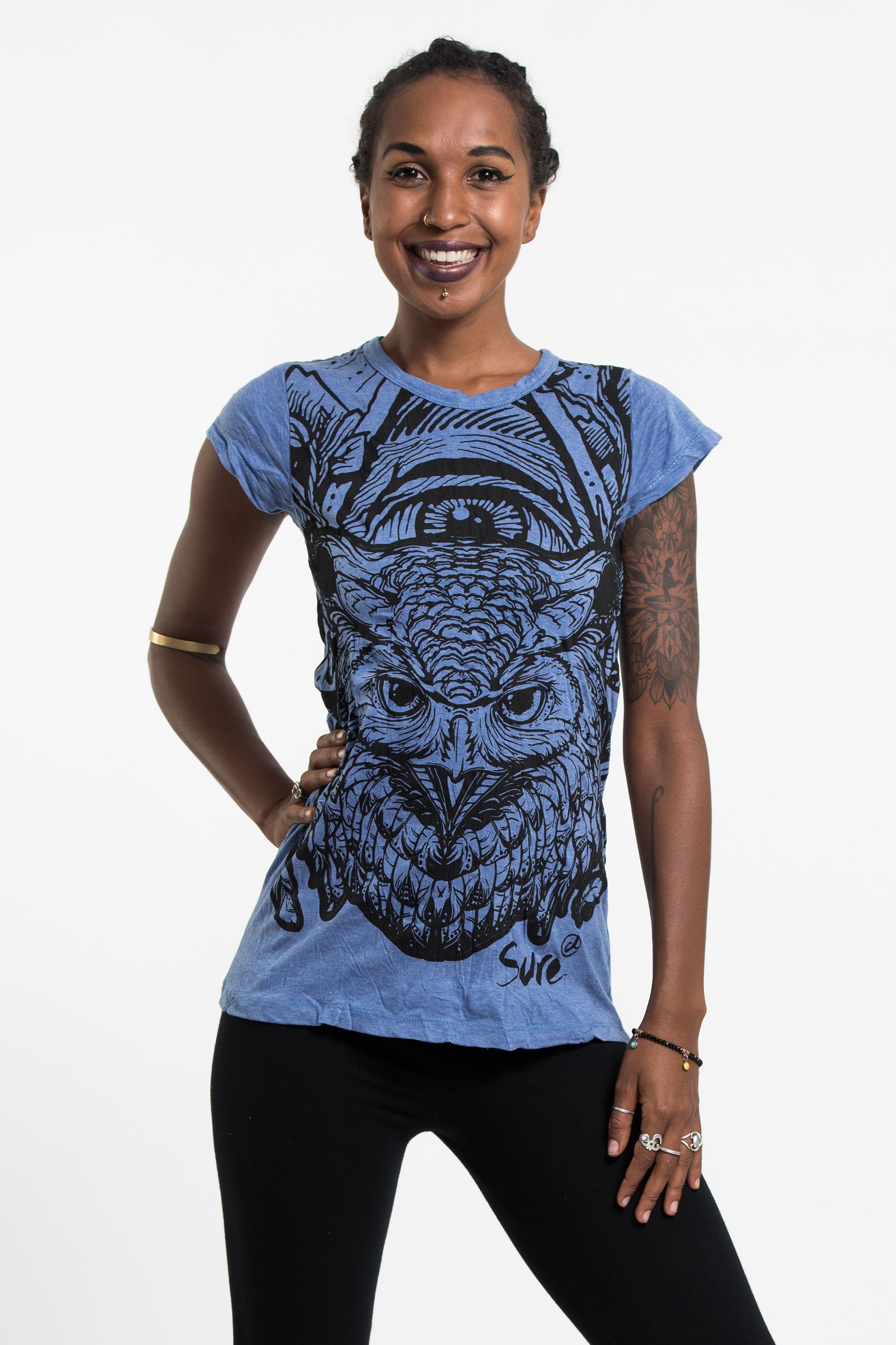 Sure Design Women's All Seeing Owl T-Shirt Blue