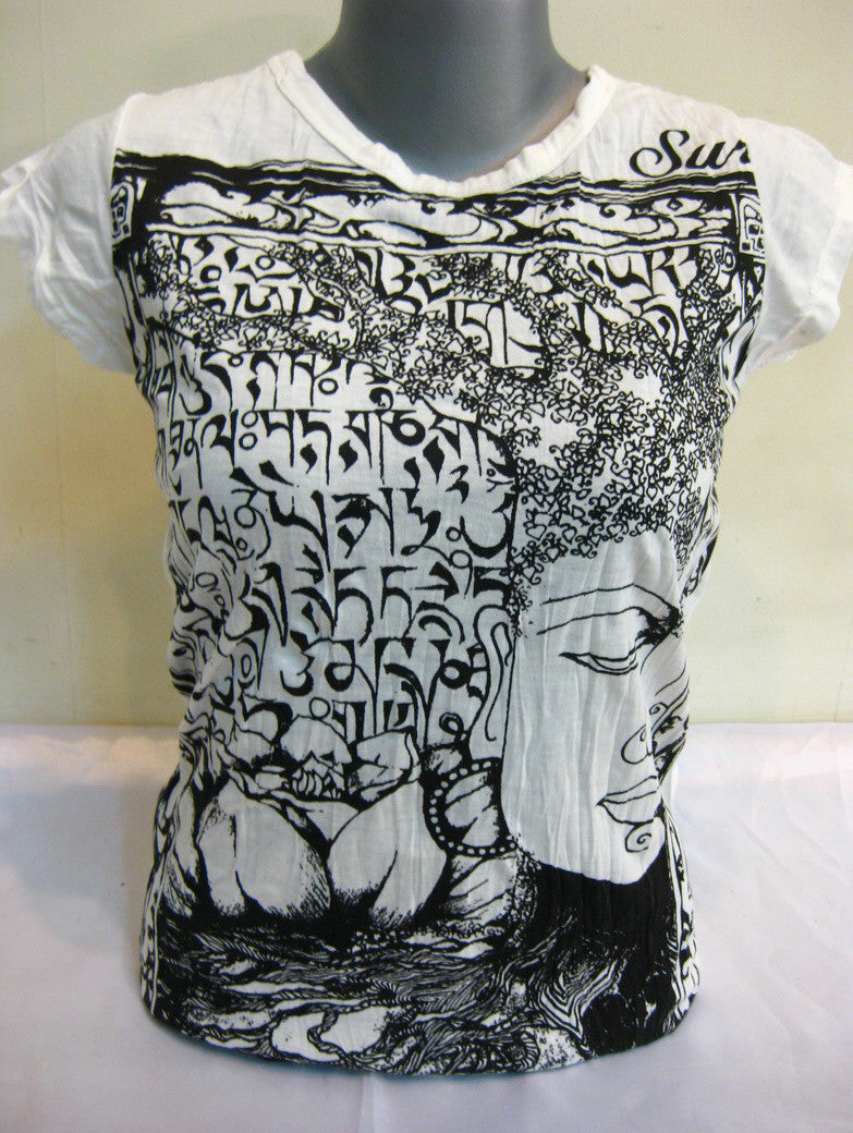 Sure Design Women's Sanskrit Buddha T-Shirt White
