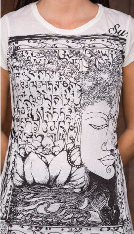 Sure Design Women's Sanskrit Buddha T-Shirt White