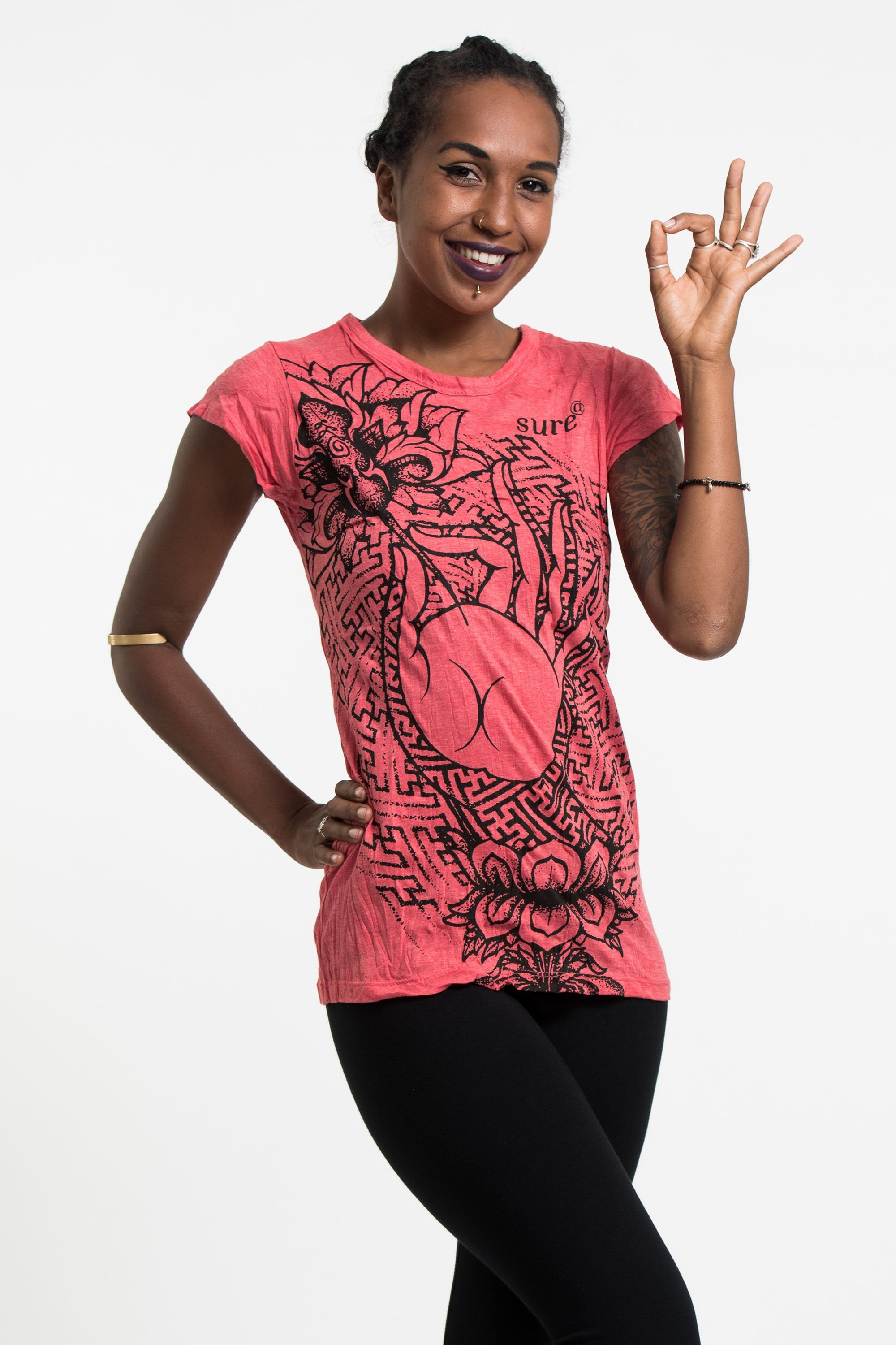 Sure Design Women's Gyan Mudra Hand T-Shirt Red