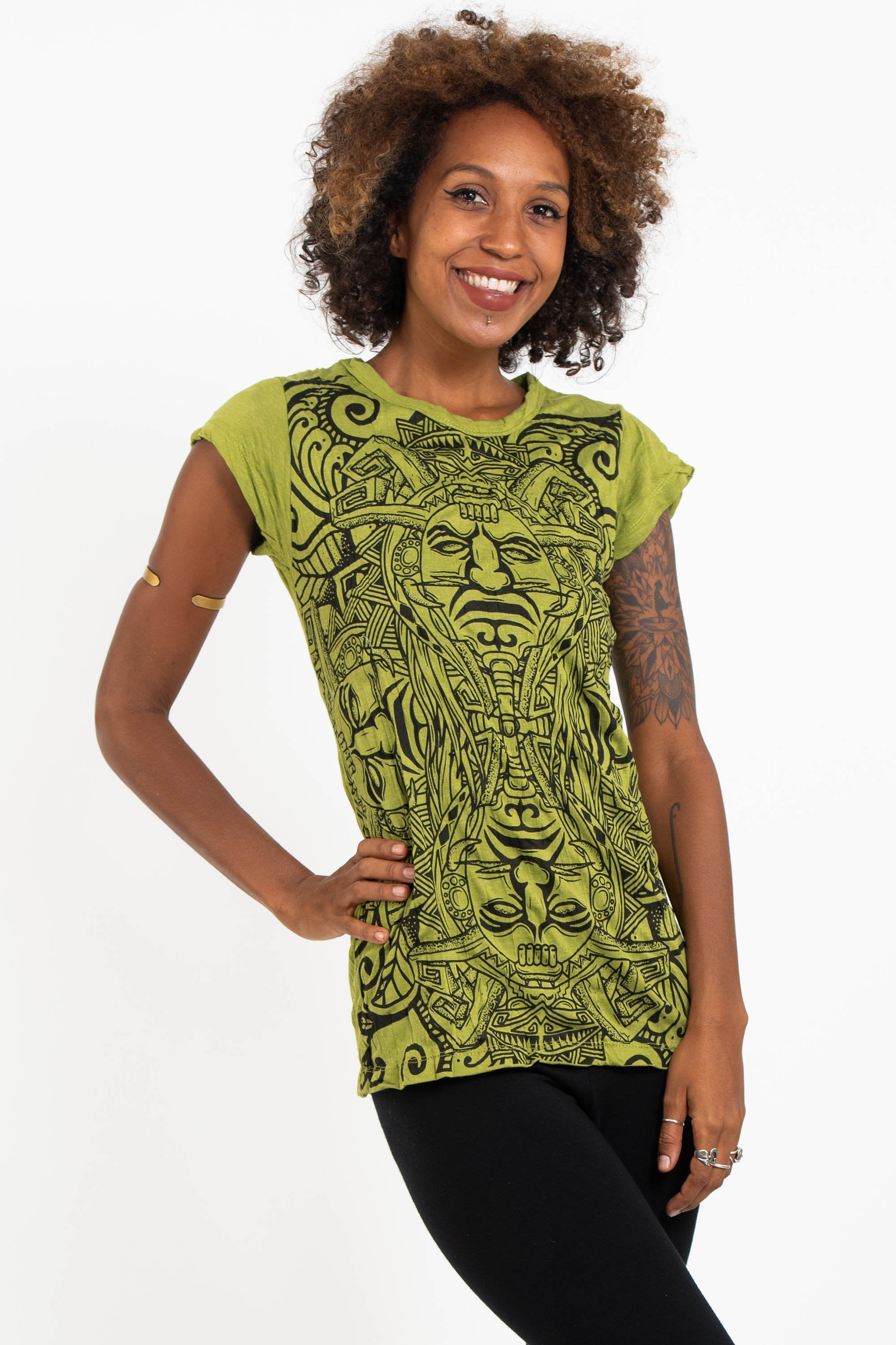 Sure Design Women's Tribal Masks T-Shirt Lime
