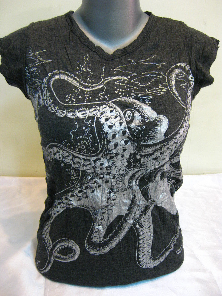 Sure Design Women's Octopus T-Shirt Silver on Black