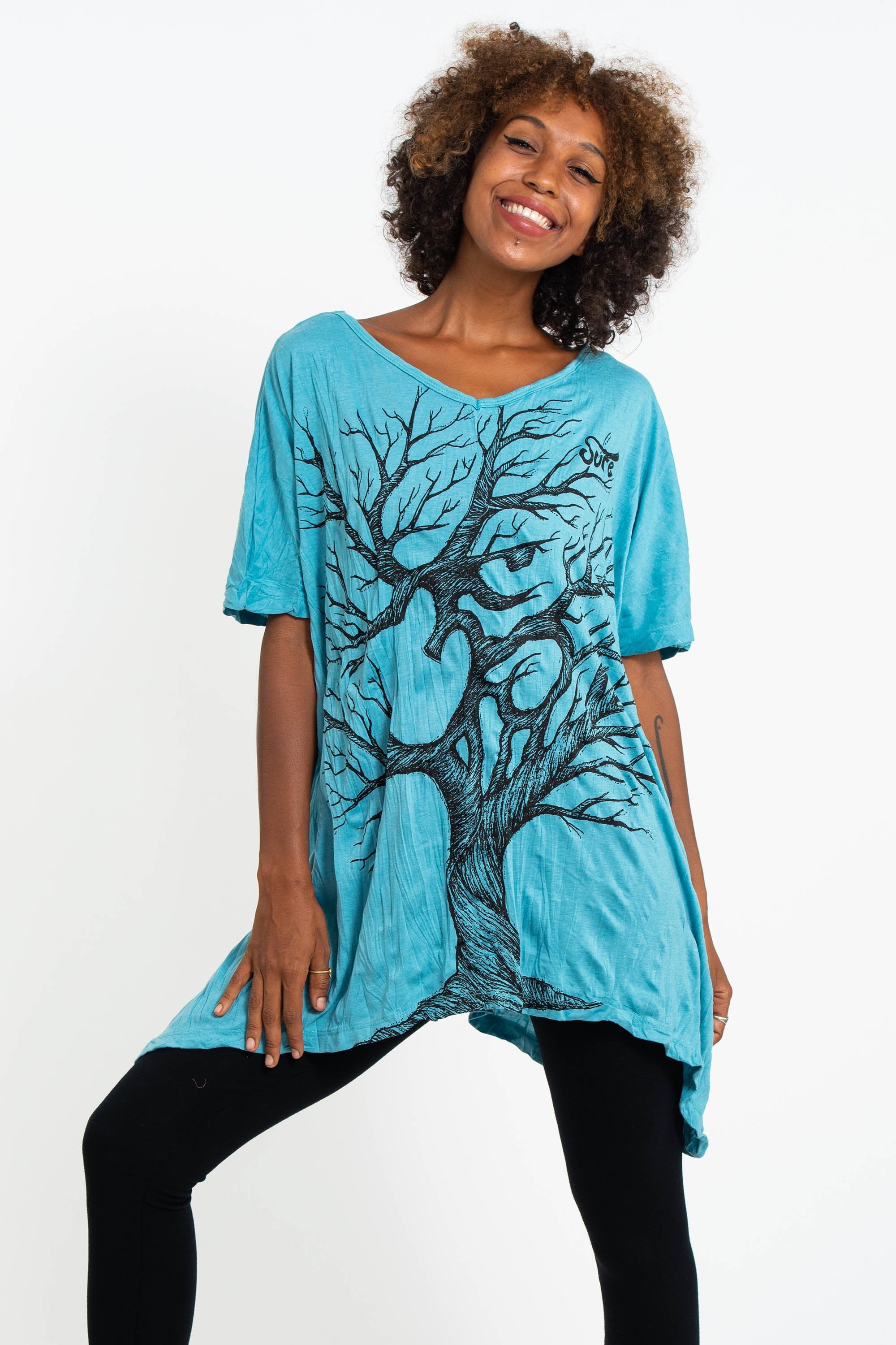 Sure Design Women's Om Tree Loose V Neck T-Shirt Turquoise