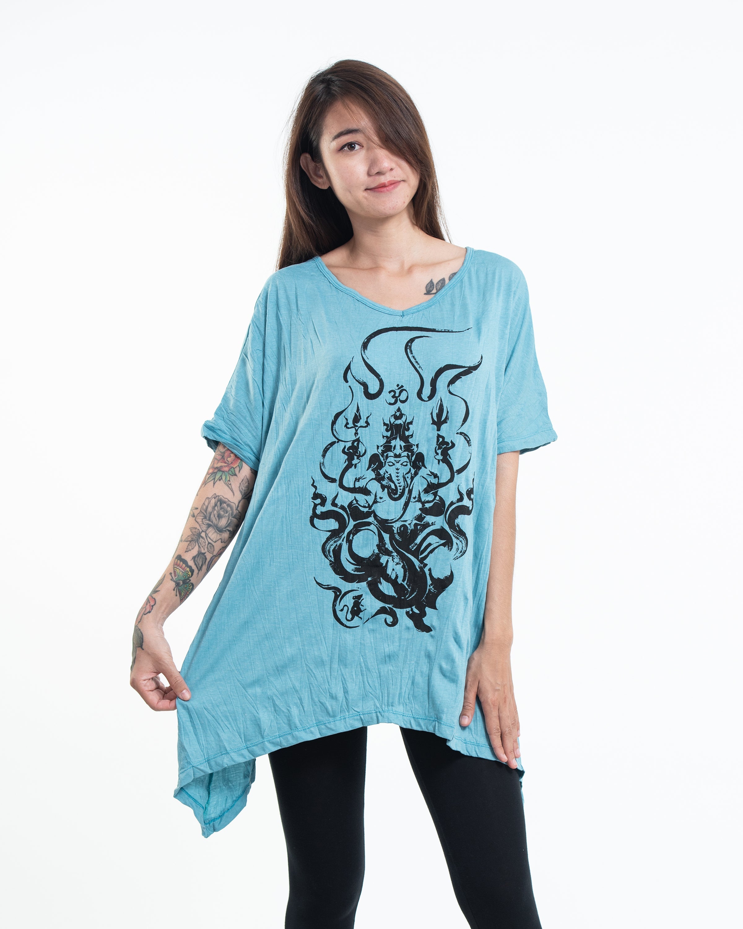 Sure Design Women's Ganesh Chakra Loose V Neck T-Shirt in Turquoise