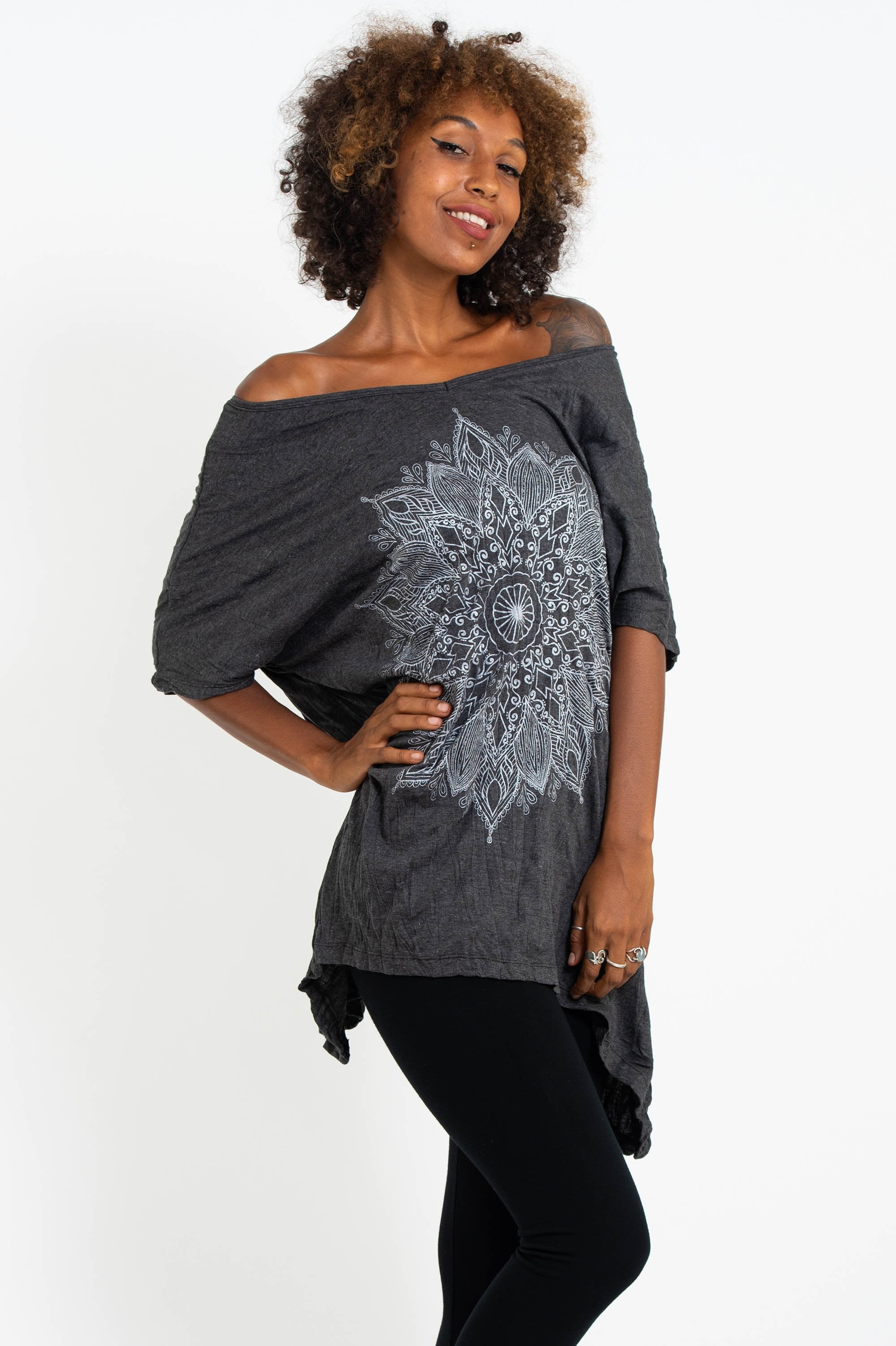 Sure Design Women's Lotus Mandala Loose V Neck T-Shirt Silver on Black