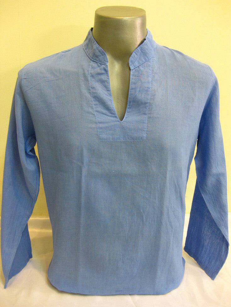 Unisex Long Sleeve Cotton Yoga Shirt with Nehru Collar in Blue