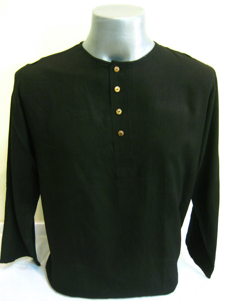 Unisex Long Sleeve Cotton Yoga Shirt with Coconut Shell Buttons in Black