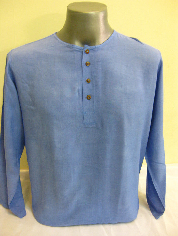 Unisex Long Sleeve Cotton Yoga Shirt with Coconut Shell Buttons in Blue