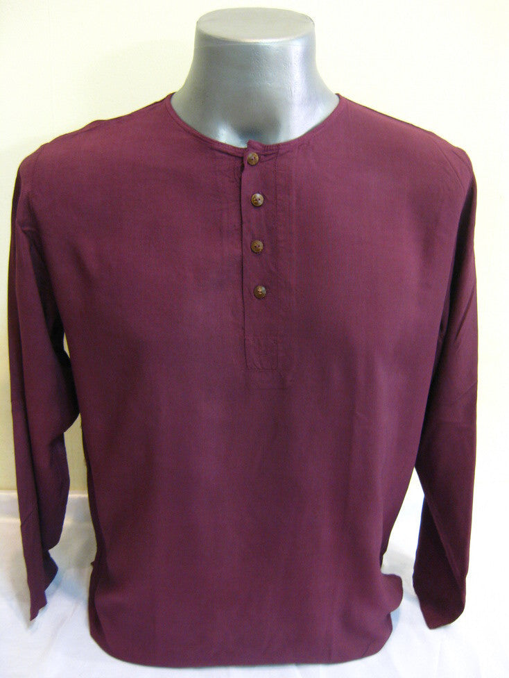 Unisex Long Sleeve Cotton Yoga Shirt with Coconut Shell Buttons in Dark Purple