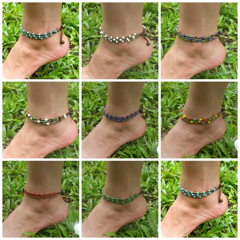 Assorted set of 10 Thai Hill Tribe Anklets Brass Beads And Stones Adjustable