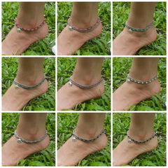 Assorted set of 10 Thai Stone Adjustable Anklets Silver Beads Stones Elephant