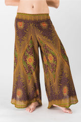 Peacock Eyes Straight Cut Wide Leg Palazzo with Elastic Back Waistband in Brown