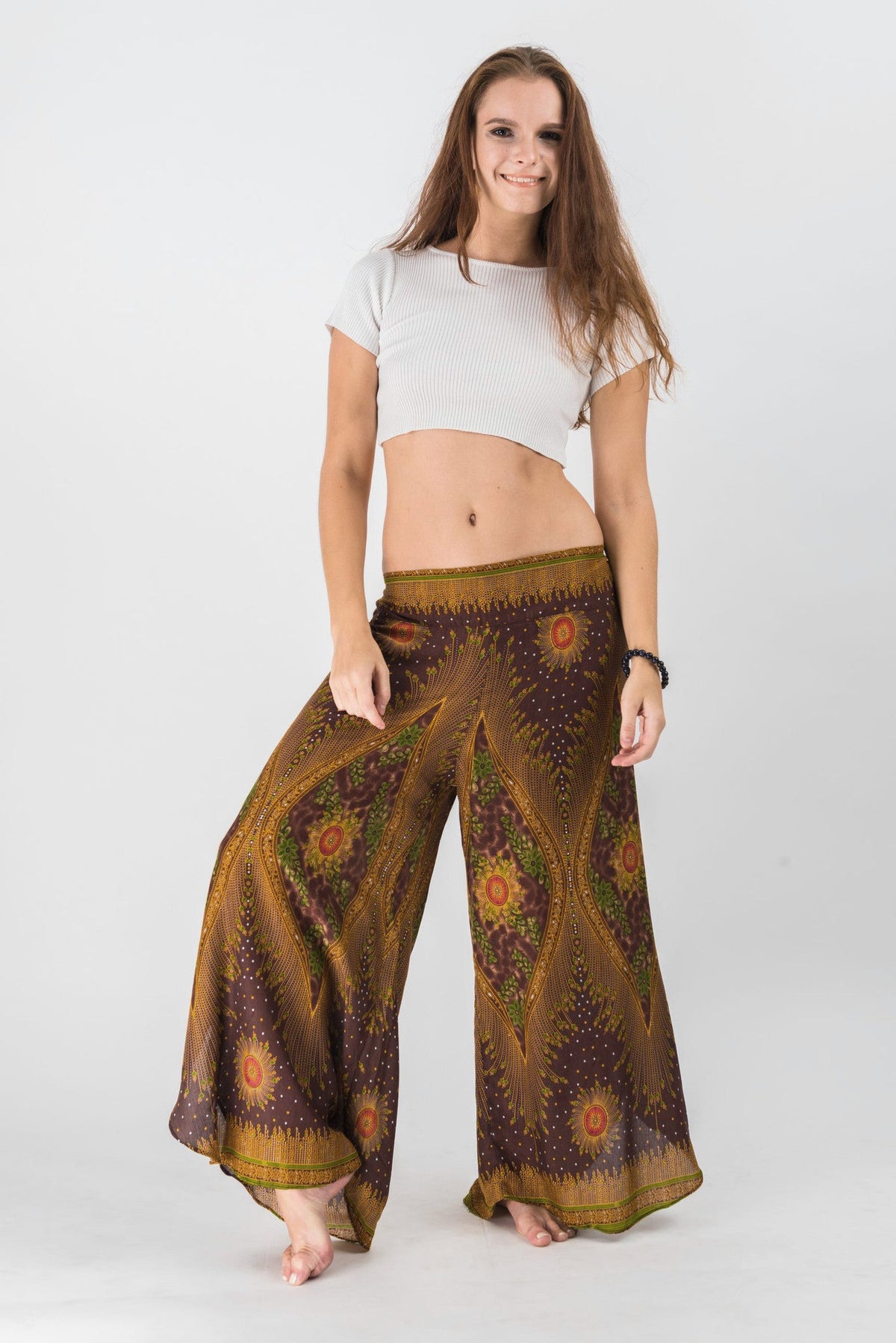 Peacock Eyes Straight Cut Wide Leg Palazzo with Elastic Back Waistband in Brown