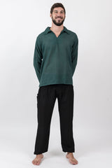 Unisex Long Sleeve Cotton Yoga Shirt with V Neck Collar in Dark Teal