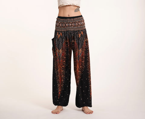 Peacock Feathers Unisex Harem Pants in Black